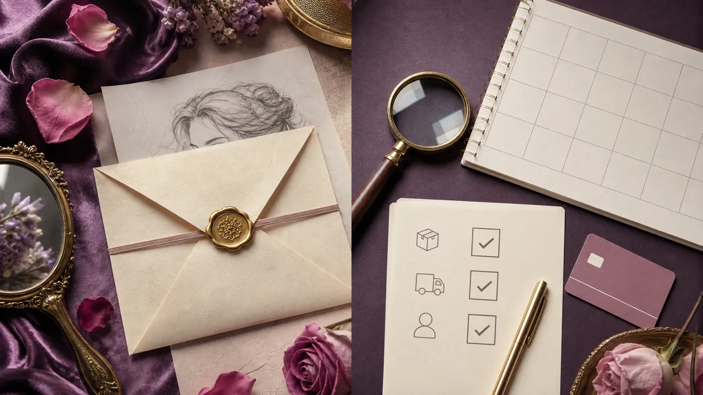 A decision table with a keepsake envelope, magnifying glass, calendar and checklist symbols