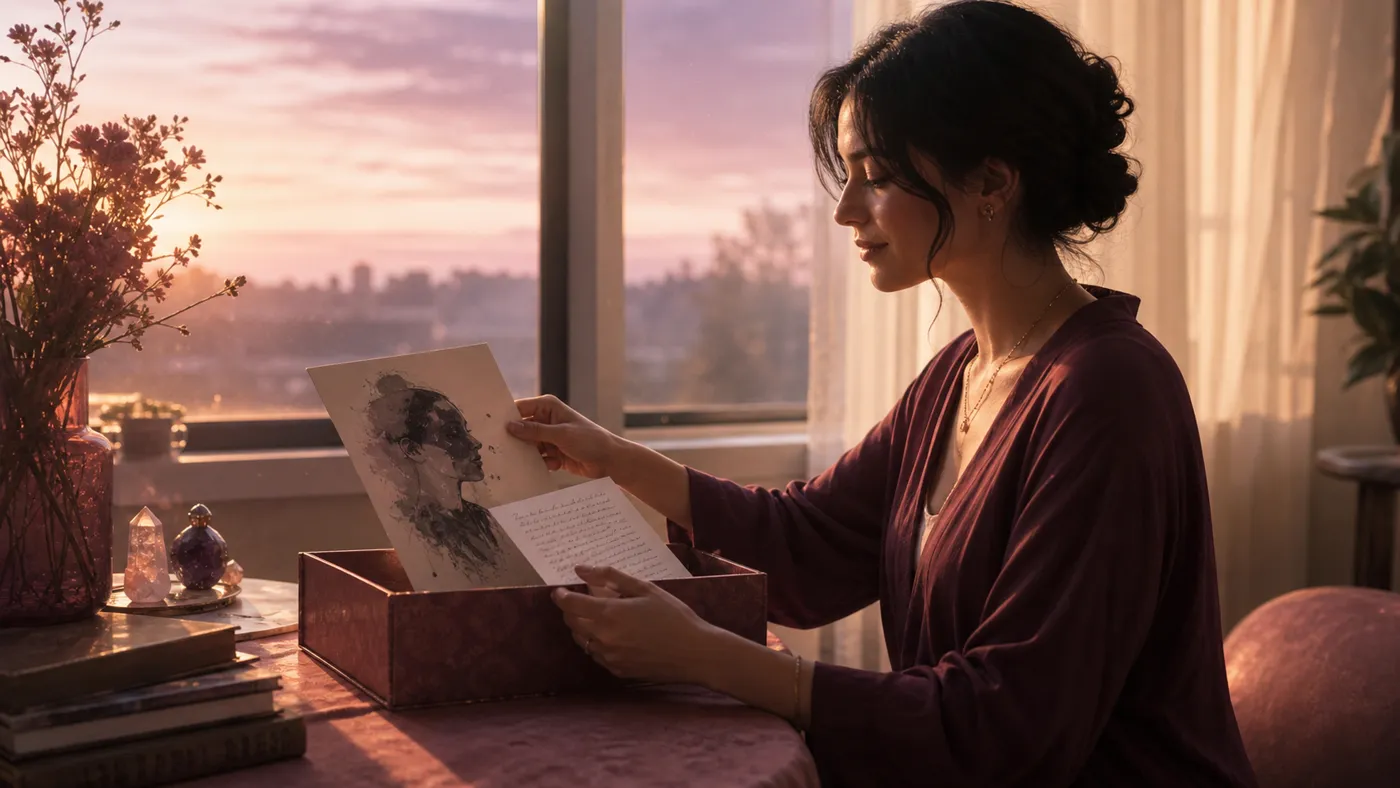 A person placing an abstract portrait and letter into a keepsake box by a dawn window