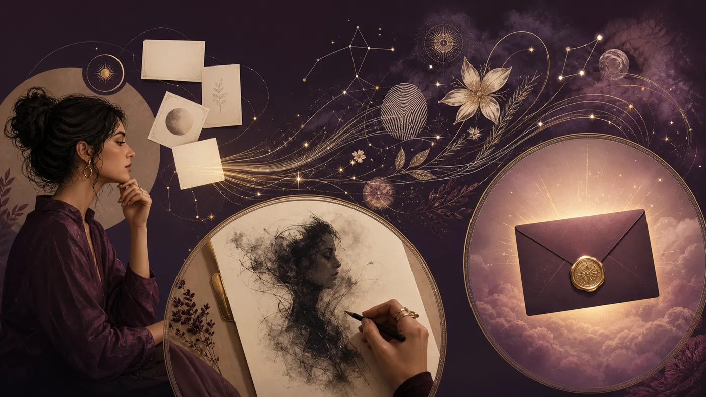 An illustrated flow from personal prompts to an abstract portrait and delivered envelope