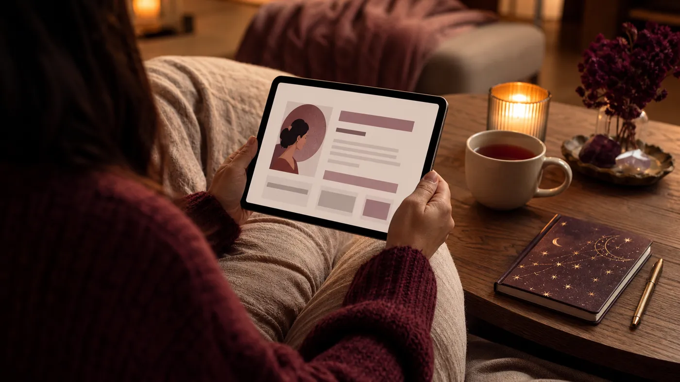 A person at home viewing an abstract portrait and written profile on a tablet